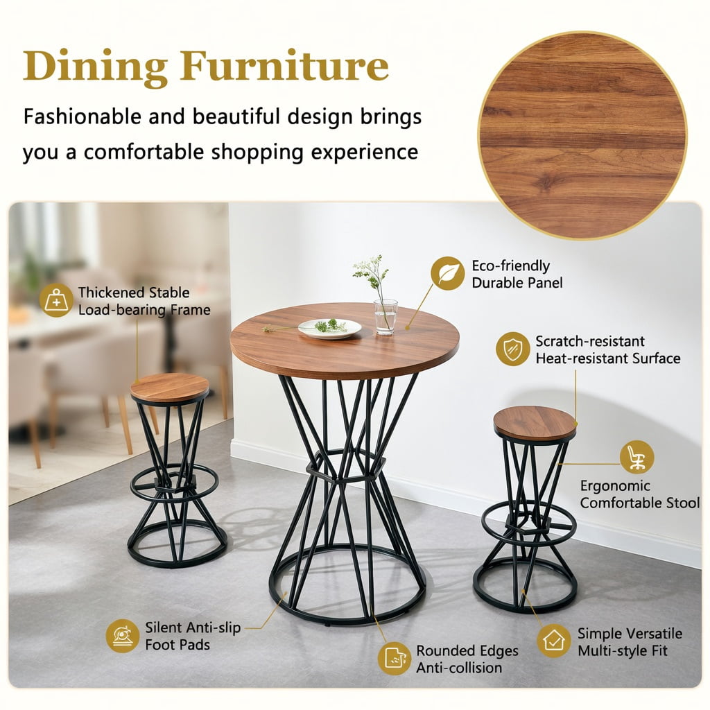 Hommoo 3-Piece Industrial Bar Set, 31.5" Wood Grain MDF Round Bar Table + 2 Metal Bar Stools for Kitchen Island, Small Apartment, Breakfast Nook, Walnut & Black