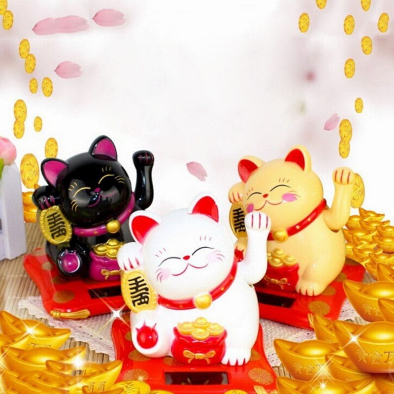 Black Maneki Neko Beckoning Money Lucky Cat Bobs Nods Head Solar Power 3"H New 