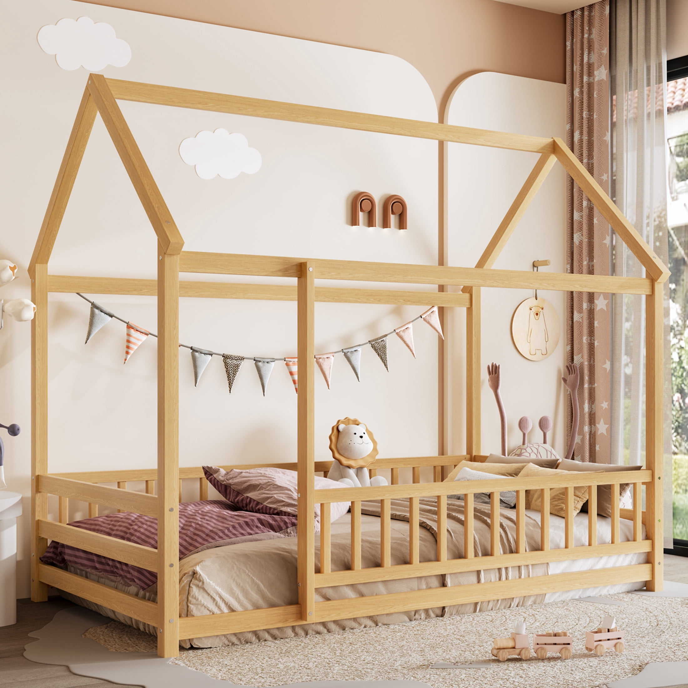 Noble House Twin Size Montessori Floor Bed with House Roof Frame and Safety Guardrails, Natural