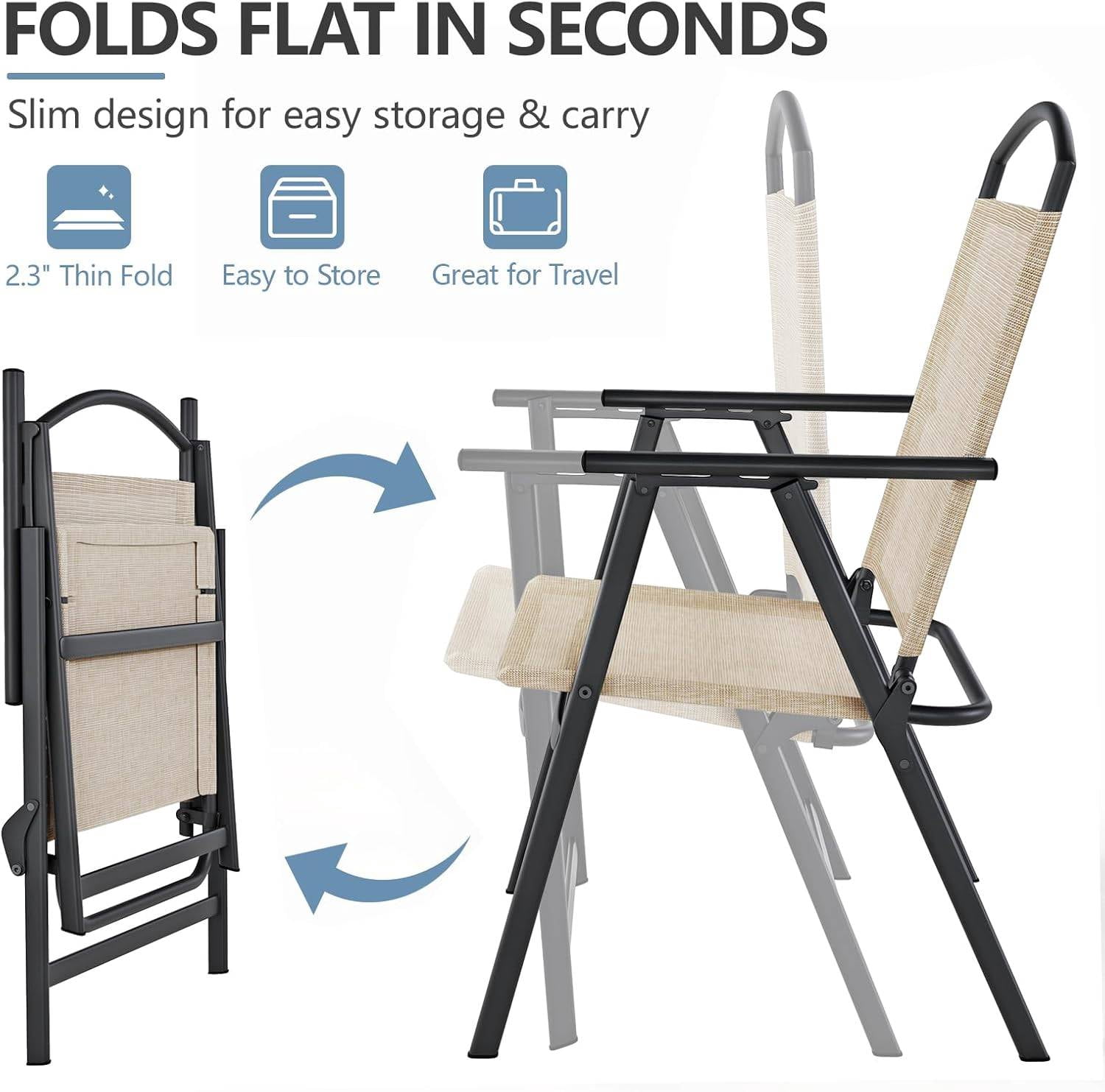 Folding Patio Chairs Set of 2, Outdoor Dining Chairs with Armrests, Breathable Textilene & Steel Frame for Lawn, Garden, Yard or Poolside - Beige