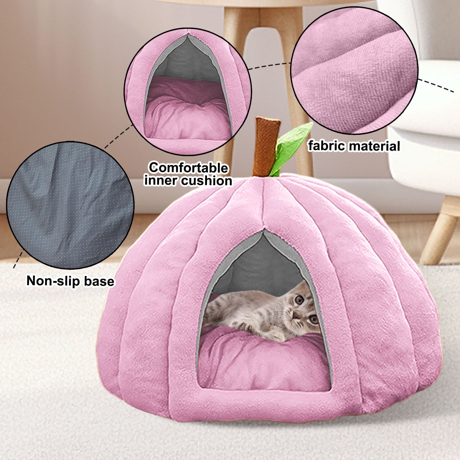Cozy Pumpkin Cat Cave Bed with Removable Cushion - Warm Enclosed Indoor Cat House for Kittens and Small Dogs, Cute Seasonal Hideaway Sleep Tent Pet Bed