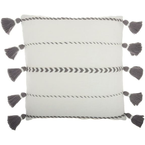 Bohemian White Cotton Accent Pillow with Grey Tassel Details