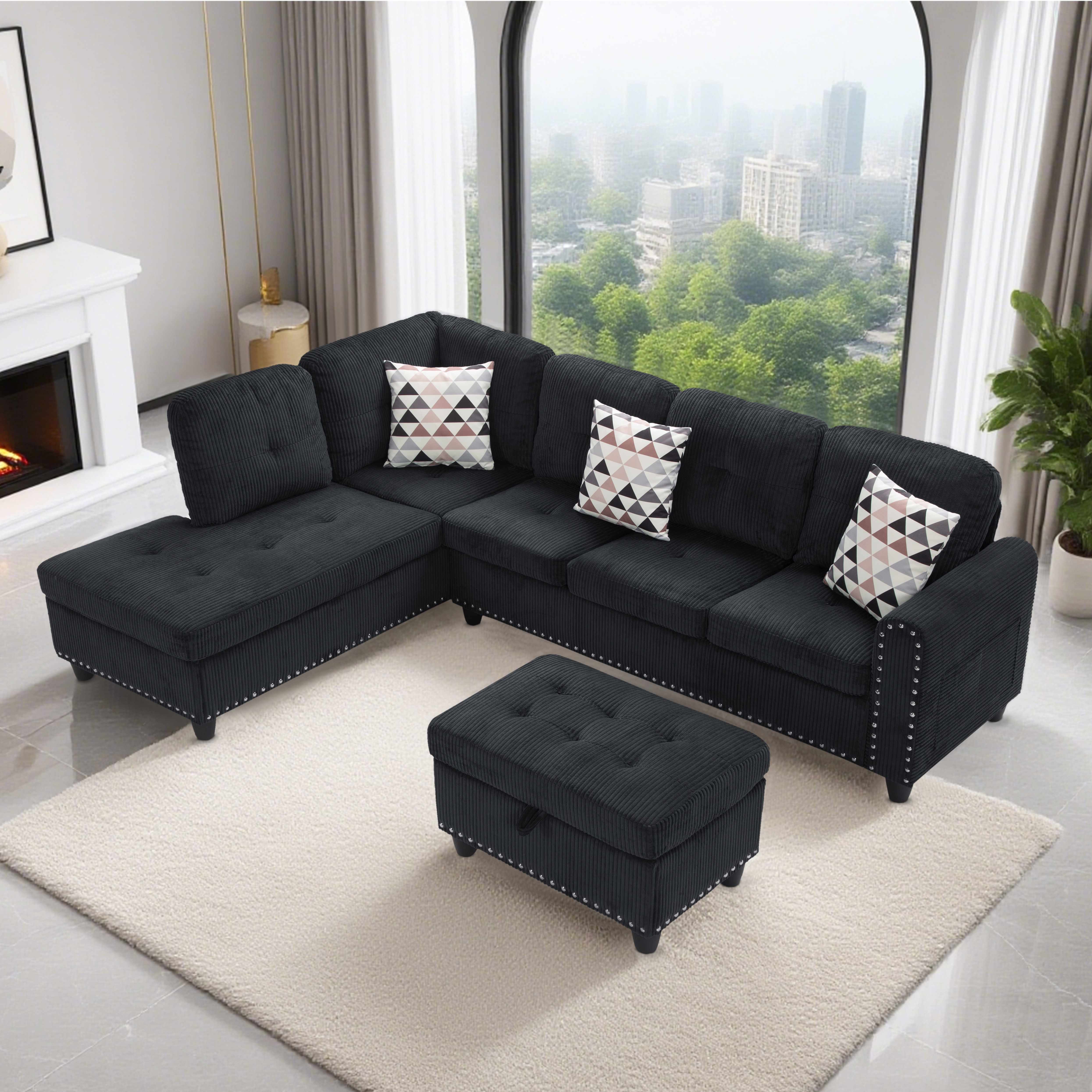 AENKYO 95″ L-Shaped Corduroy Modular Sectional Sofa with Ottoman & Cup Holders – Living Room Couch for Apartments，Black
