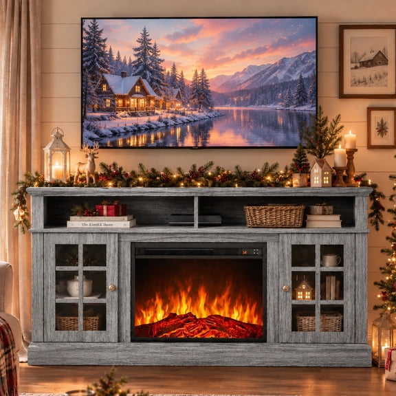 CHITOOMA 1400W Electric Fireplace TV Stand TV Console with 23″ Fireplace for up to 75 inch TVs with Adjustable Shelves,Grey