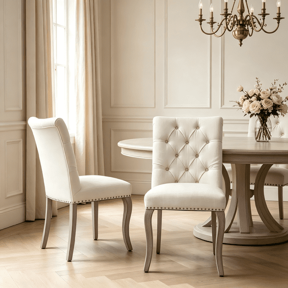 QuzyAor Tufted Chenille Dining Chair Set of 2, Solid Wood Legs Upholstered Seat for Home Kitchen Living Room Farmhouse, Beige