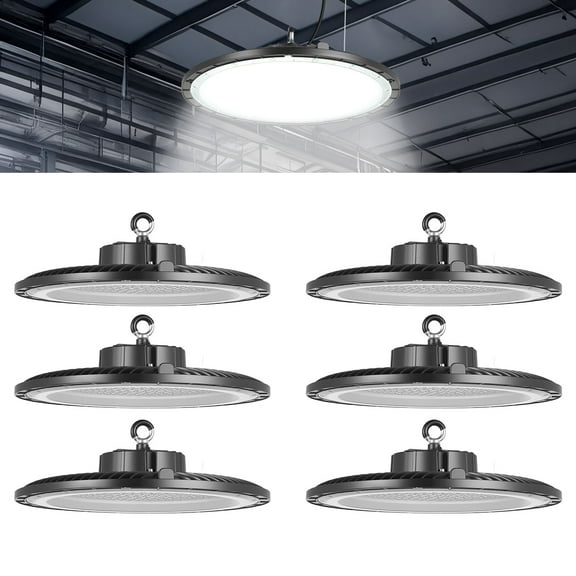 VEVOR 6 Pack LED High Bay Lights, 5000K 200W 30000LM Super Bright UFO LED Warehouse Shop Lights, IP65 Waterproof, 100-277V Wide Voltage for Warehouse Workshop Factory Gym Garage Barn, Black