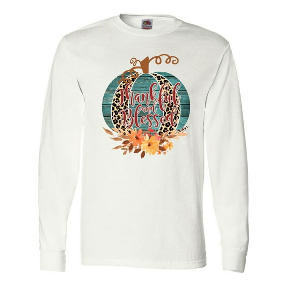 Inktastic Thankful and Blessed Teal Cheetah Pumpkin Long Sleeve T-Shirt