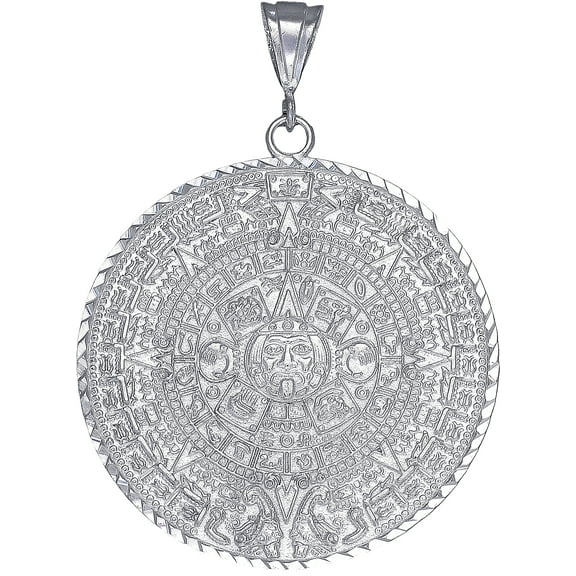 Sterling Silver Aztec Calendar Mayan Sun Charm Pendant Necklace with Diamond Cut Finish and 24 Inch Figaro Chain