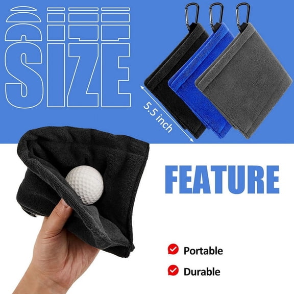 Golf Ball Towel with Clips 5.5 X 5.5 Inch Golf Towel Premium Microfiber Golf Ball Cleaner Accessories Black