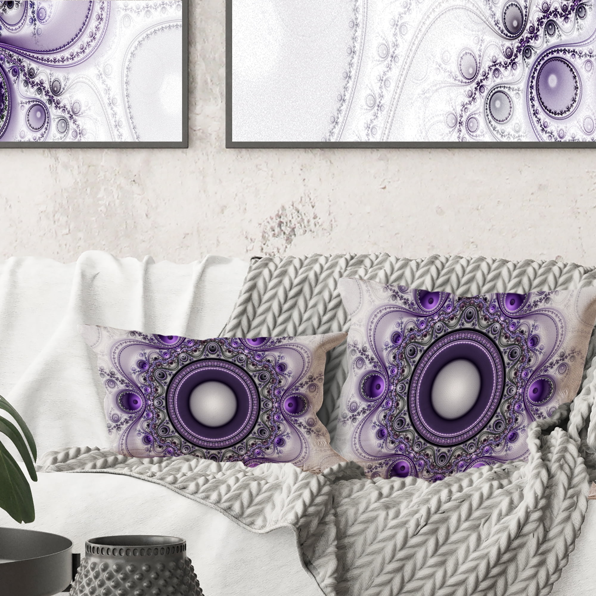 Designart Purple Fractal Pattern with Circles - Abstract Throw Pillow - 18x18