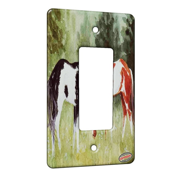 KuzmarK™ 1 Gang Rocker Wall Plate - Black and Chestnut Pintos with Pine Trees Horse Art by Denise Every