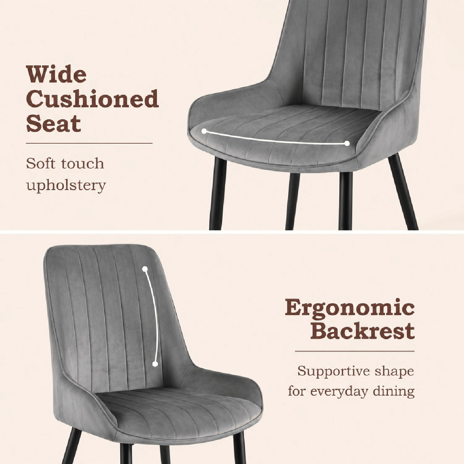 Modern Dining Chairs Set of 2, Fabric Upholstered Chairs with Metal Legs and Non-Slip Foot Pads, Ergonomic Seat and Backrest for Dining Room, Kitchen, Bedroom, Cafe