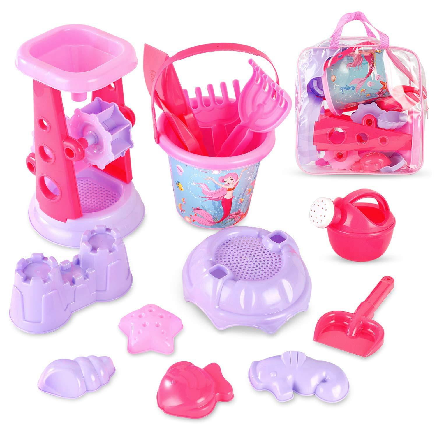Liberty Imports Pink Princess Sand Wheel Beach Toy Set with Zippered Bag, 13 Pieces