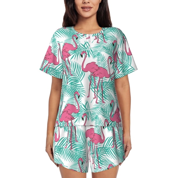Balery Flamingo Conjunto de Pijama para Mujer con Estampado, Dos Piezas de Manga Corta y Shorts, Ropa de Dormir Suave con Cuello Redondo y Bolsillos-Medium