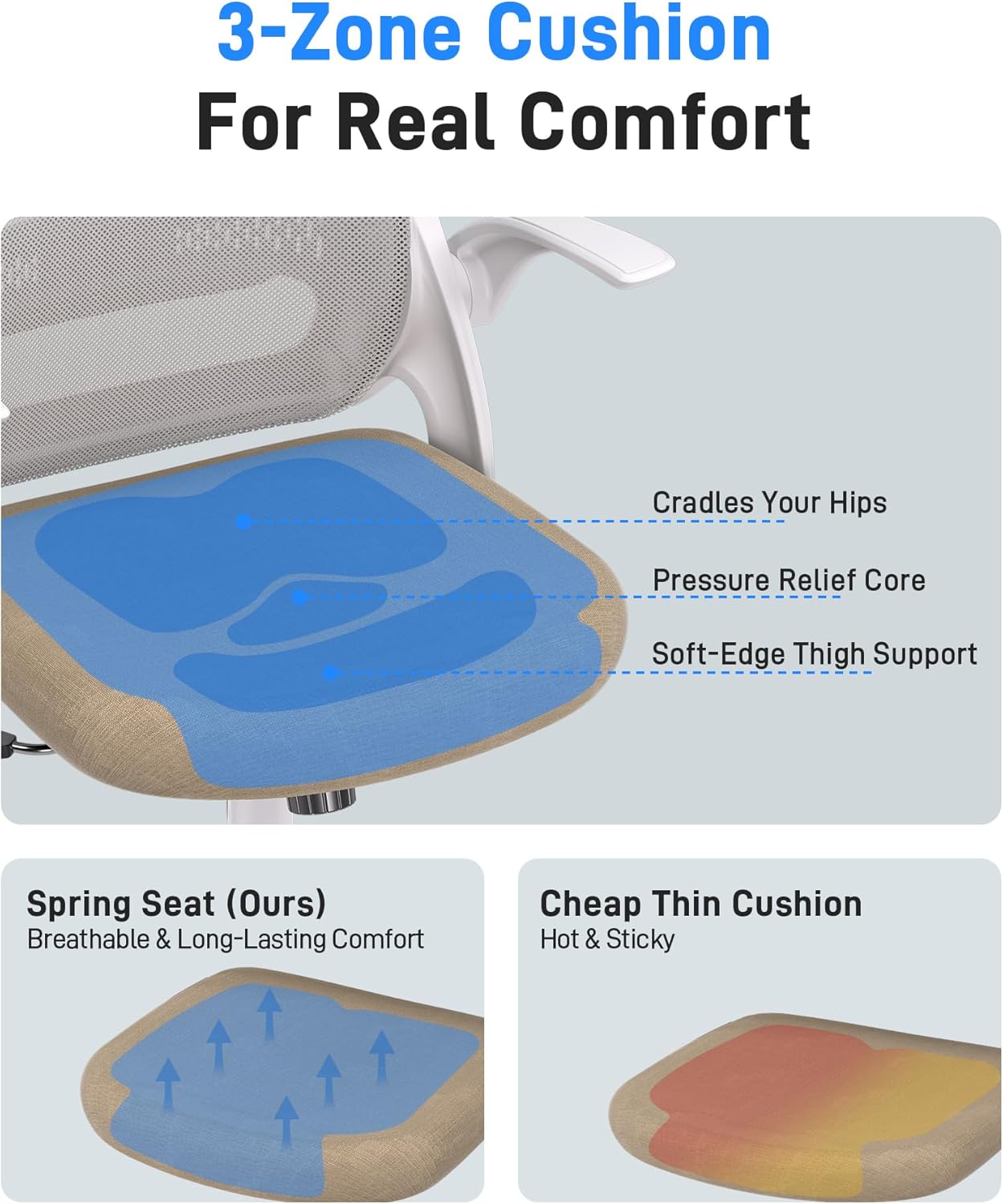 Ergonomic Mesh Office Chair for Home Office, Flip-Up Arms, Breathable Mesh Back & Thick Seat Cushion, Swivel Rolling Computer Desk Chair, Supports 300 lbs (White Frame/Beige Seat)