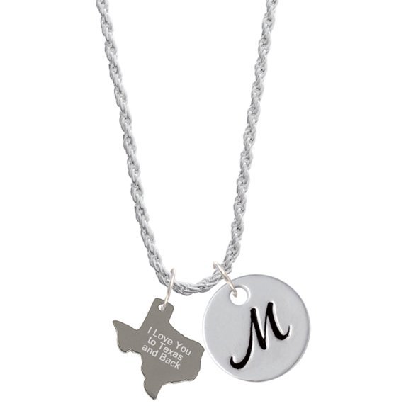 Delight Jewelry Stainless Steel I Love You to Texas - Silvertone Script Initial Disc - M - Charm Necklace, 20"+3"