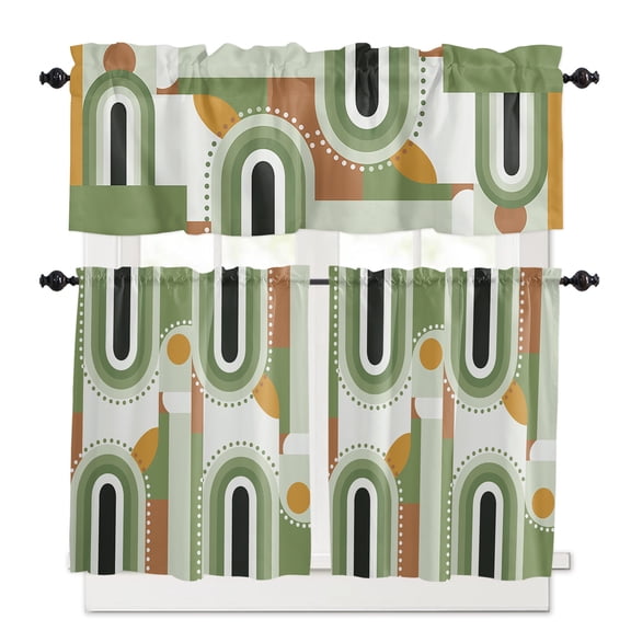 Mid-Century Modern Kitchen Curtains Valance and Tier Set Art Geometric Abstract Green Rod Pocket Short Curtains for Small Window 3 Pieces Set for Bedroom Bathroom Cafe (54" x 18" 27" x 24")