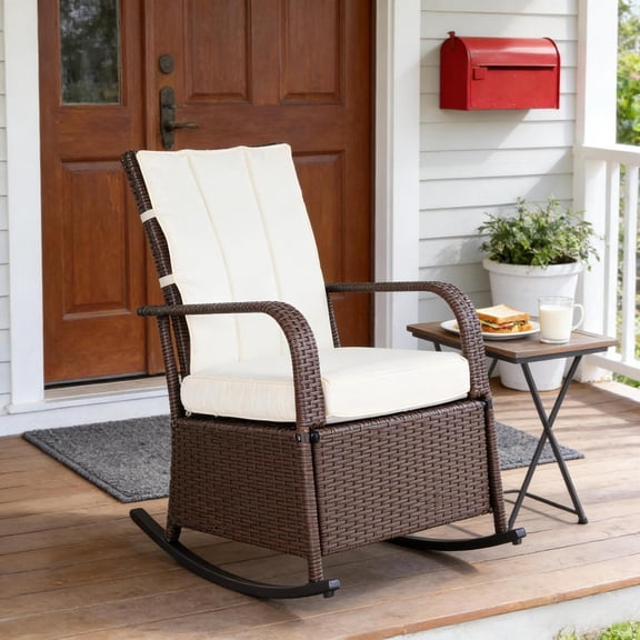 LANKANG Brown White Comfort Rocking Patio Recliner Chair With Ergonomic High Back And Extendable Footrest