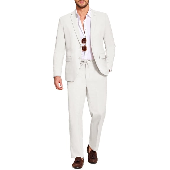COOFANDY Men's 2 Piece Linen Blended Suits Set Regular Fit Casual Lightweight Cotton Linen Beach Wedding Blazer and Pants