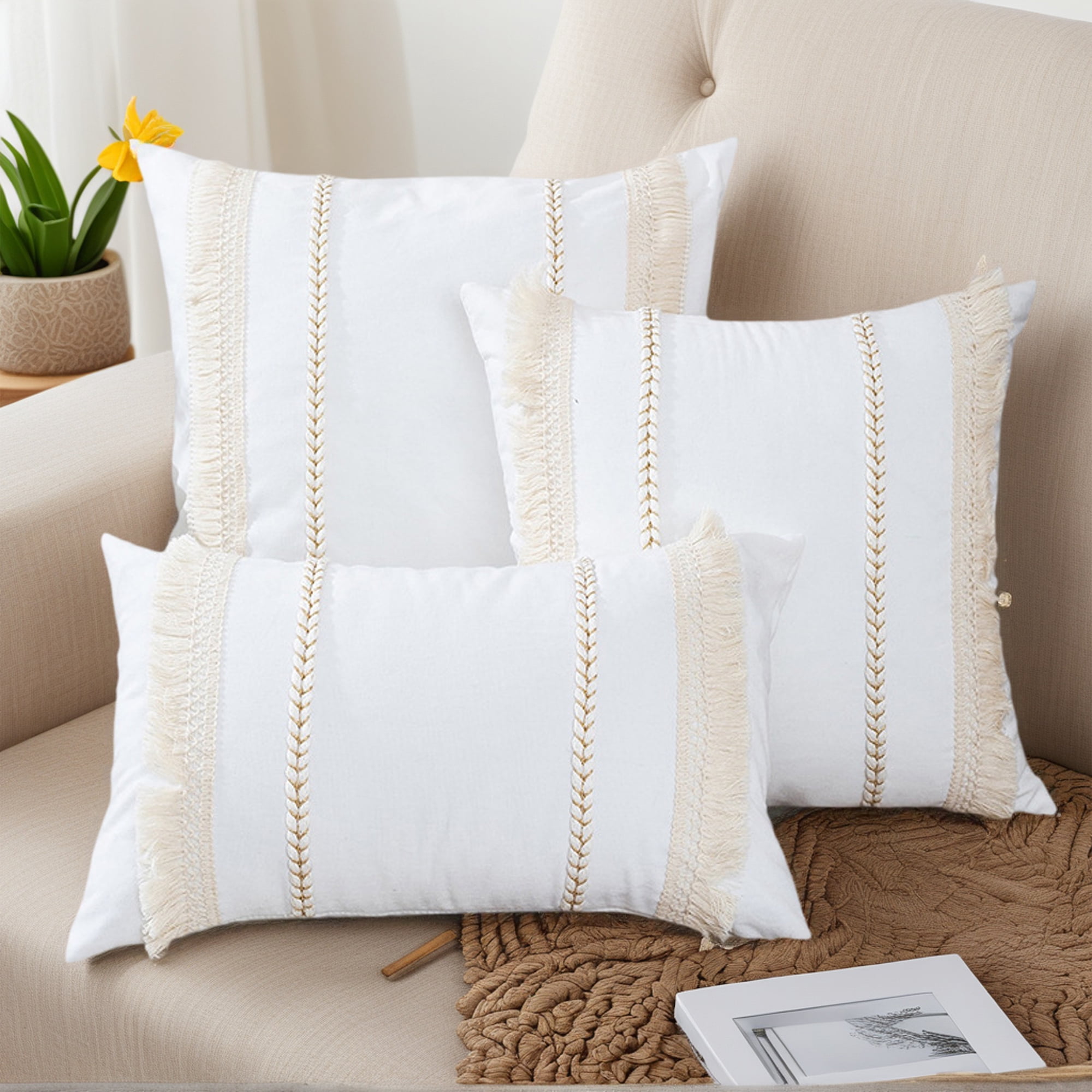 Unique Bargains 4 Pcs Boho Modern Textured Pillow Cover White/Yellow 12" x 20"