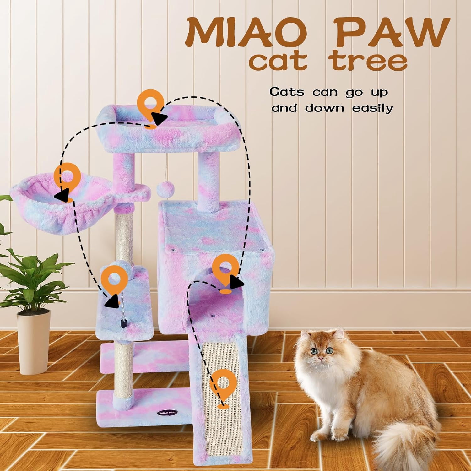 Rainbow Cute Cat Tree Tower for Indoor Cats Condo with Sisal Scratching Posts Jump Platform Furniture Activity Center Play House Bed