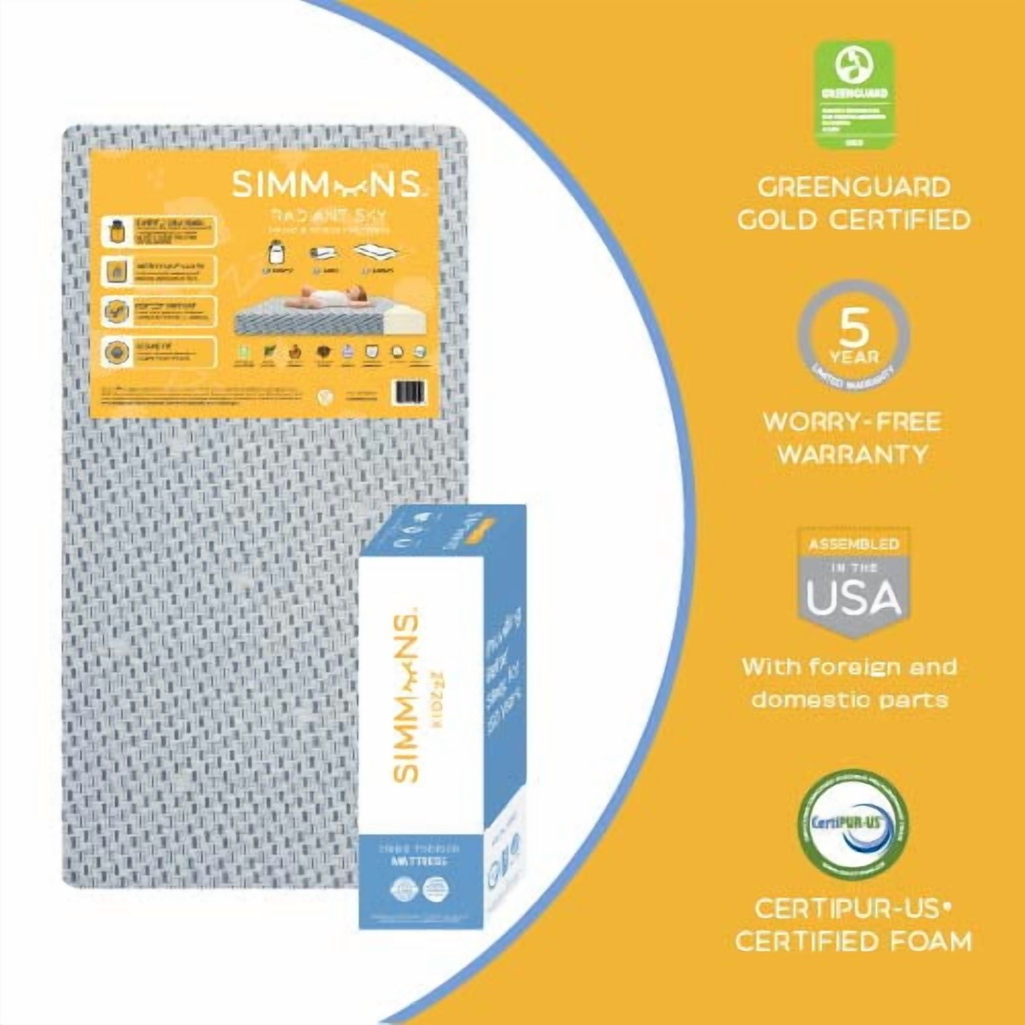 Simmons Kids Radiant Sky Dual Sided Baby Crib Mattress and Toddler Mattress, Waterproof, GREENGUARD Gold and CertiPUR-US Certified, Firm Plant-Based Foam, 5 Year Warranty, Made in USA