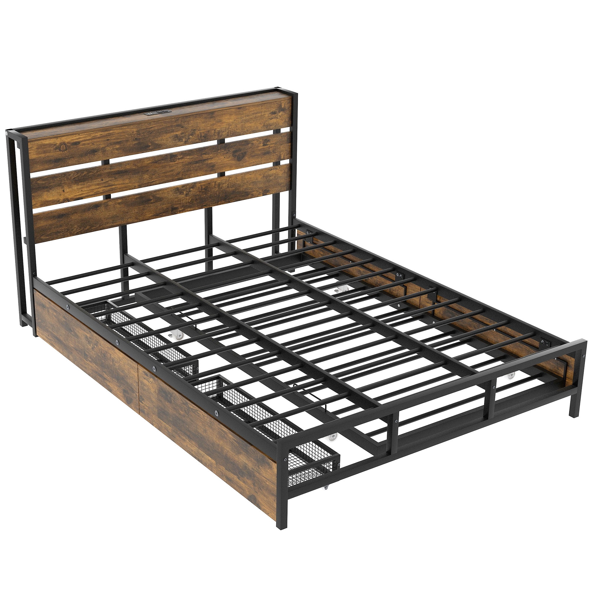 Euroco Wood Metal Queen Size Platform Bed with Functional Headboard, 4 Storage Drawers, Charging Station and USB Ports, Black
