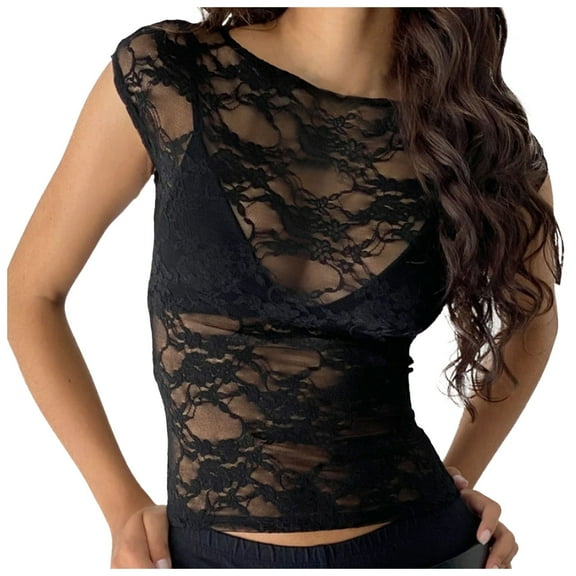 OSOLU Solid Color Women Lace Short Sleeve Tops Sexy Sheer Mesh See Through Tshirts Slim Fit Crop Tops Versatile Dailywear