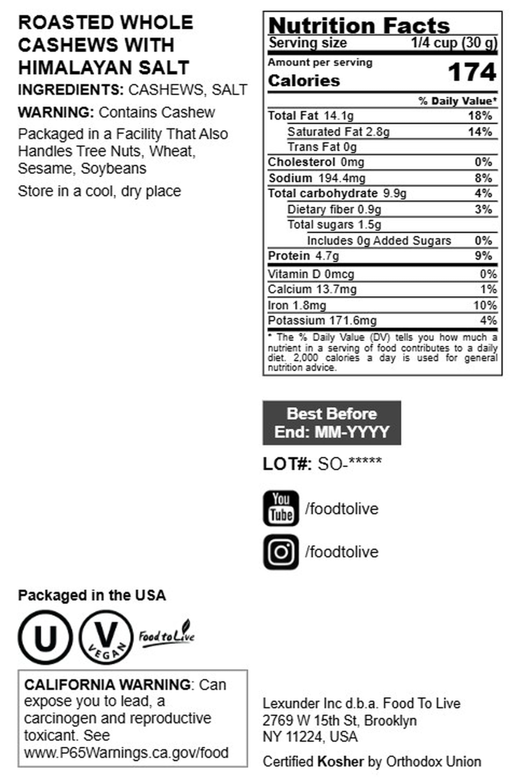 Roasted Whole Cashews with Himalayan Salt, 2 Pounds - Kosher, Vegan – by Food to Live