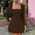 thumbnail image 3 of Women's Square Neck Ruffle Hem Mini Dress Ruched Waist Long Sleeve Corset Short Party Dresses, 3 of 6