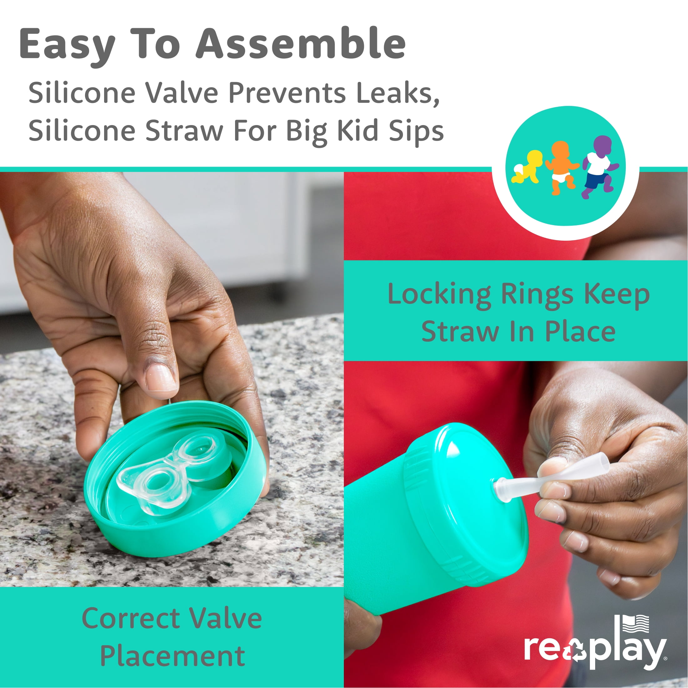 Re-Play Sippy to Straw Kids Cups - 10 oz. Set of 2 - USA Made Recycled BPA-Free Plastic Lid Choice - Grows with Your Child - Lime, Aqua