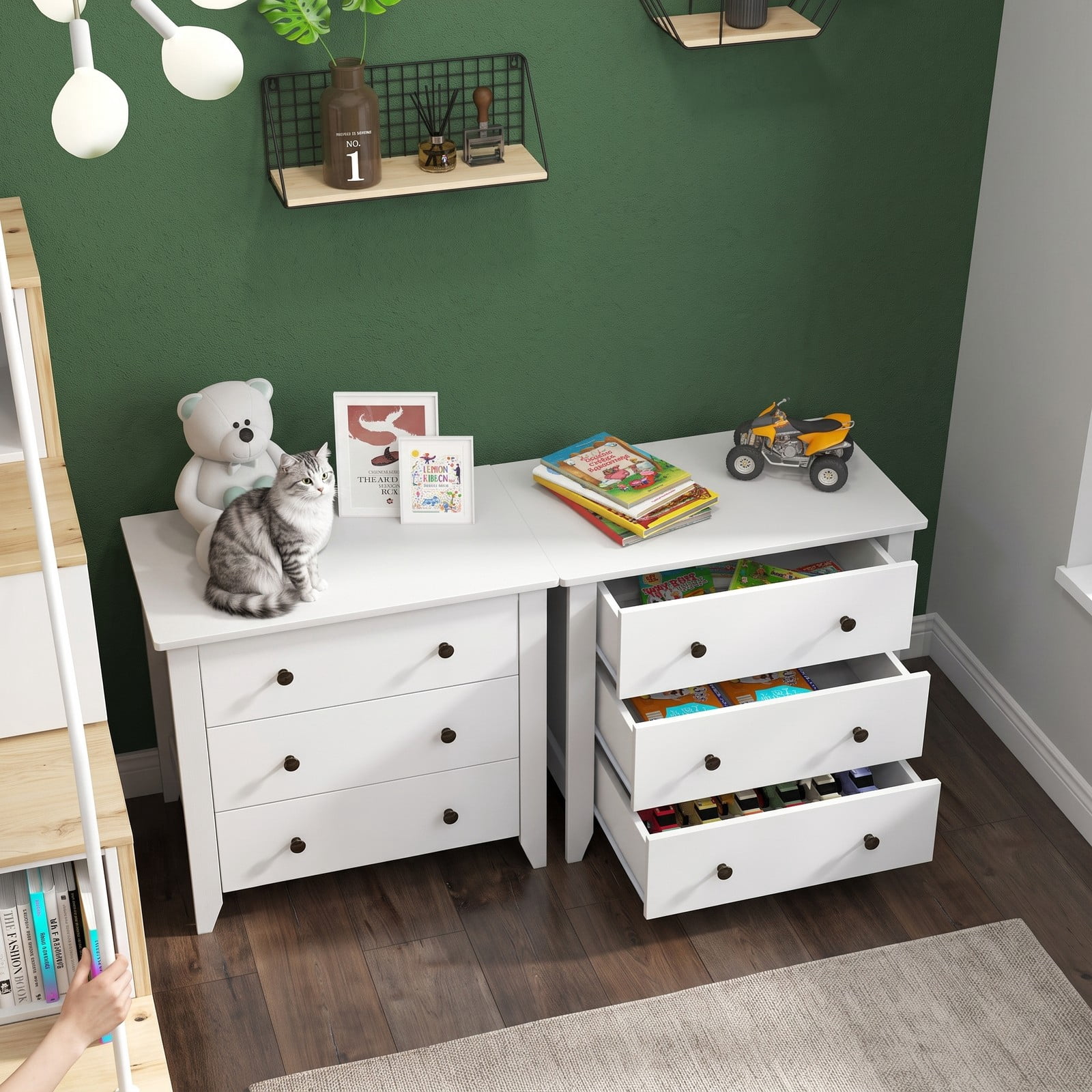 Furnibear 3-Drawer Dresser Chest and Bedside Table with Mute Slide Guides and Antique Brass Knobs for Bedroom and Entryway, White
