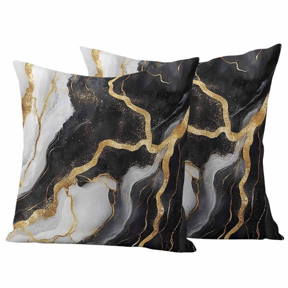 2 Pack Outdoor Waterproof Throw Pillow Covers,Natural Black White Marble Gold Crack Decorative Square Pillow Case Patio Pillowcases for Chair Couch Sofa 16x16in