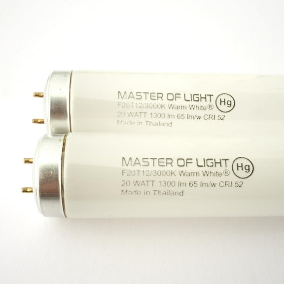 Master of Light F20T12 Soft Warm White Fluorescent Tube Light Bulbs, 2-Pack, 24-Inch, 20W, 3000K, 1300 Lumens, T12 G13 Bi-Pin