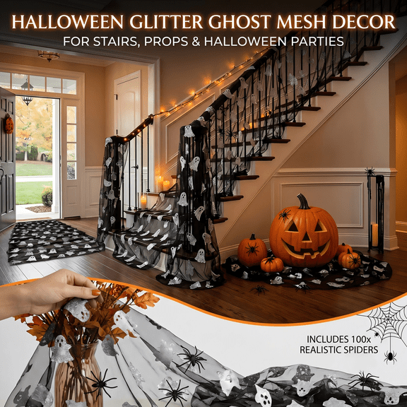 Yashow Black Silver Glitter Ghost Pattern Mesh Fabric Halloween Decoration Cloth, Transparent Spooky Tulle Roll for Haunted House Stair Railings and Party Yards, 1-Pack
