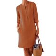 thumbnail image 1 of BJYX Robes Femmes Automne Coton Lin Mode Bouton Col Rond Manches Longues Poche Robes Unies Longueur Genou Robe Trapèze, 1 of 3