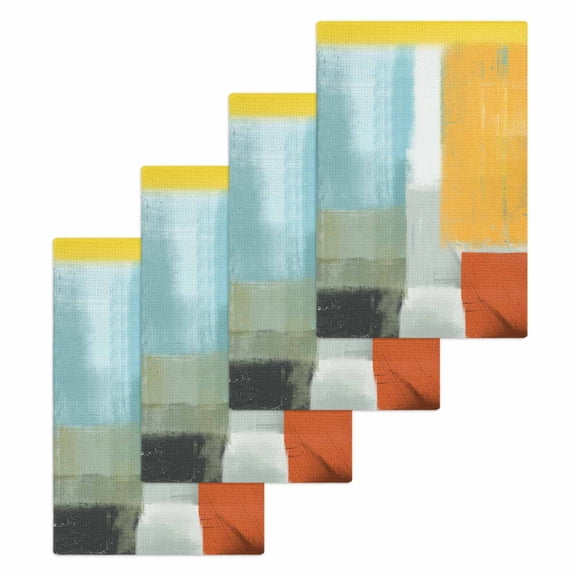 Teal Yellow Kitchen Dish Towels for Drying Dishes Set of 4, Orange Oil Painting Modern Abstract Geometric Waffle Weave Microfiber Hand Tea Bathroom Towels Quick Dry & Absorbent Towel 15.7x23.6