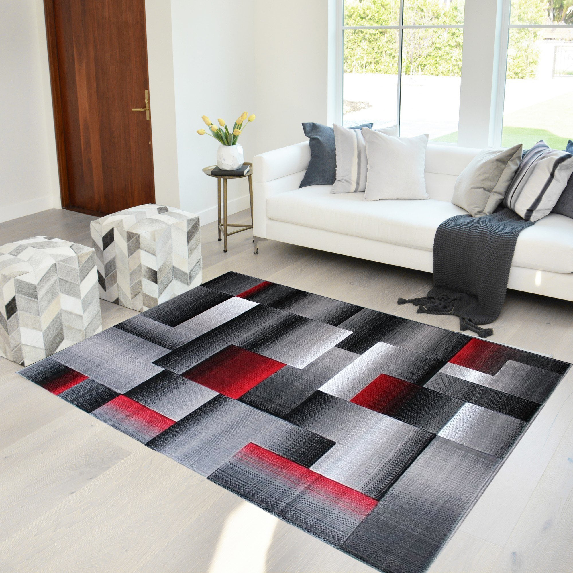 Trendy Living Room Rug Grey Black Red Abstract Design Carpet Hall Bedroom Runner 