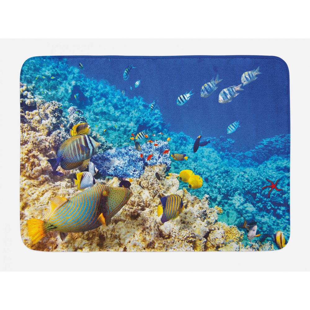 Fish Bath Mat, Barrier Reefs Covered Sea with Lagoon and Zebrafish