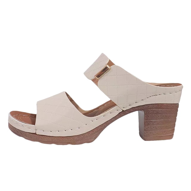 IUJSOY Womens Heeled Sandals Open Toe Two Strap Chunky Heels Slides Soft Cushion Slip on Mules