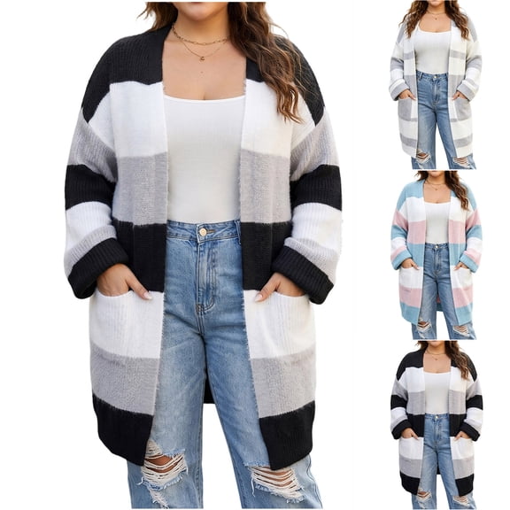CaComMARK PI Women's Long Cardigan Sweaters Soft Open Front Oversized Colorblock Sweater with Pocket Gray