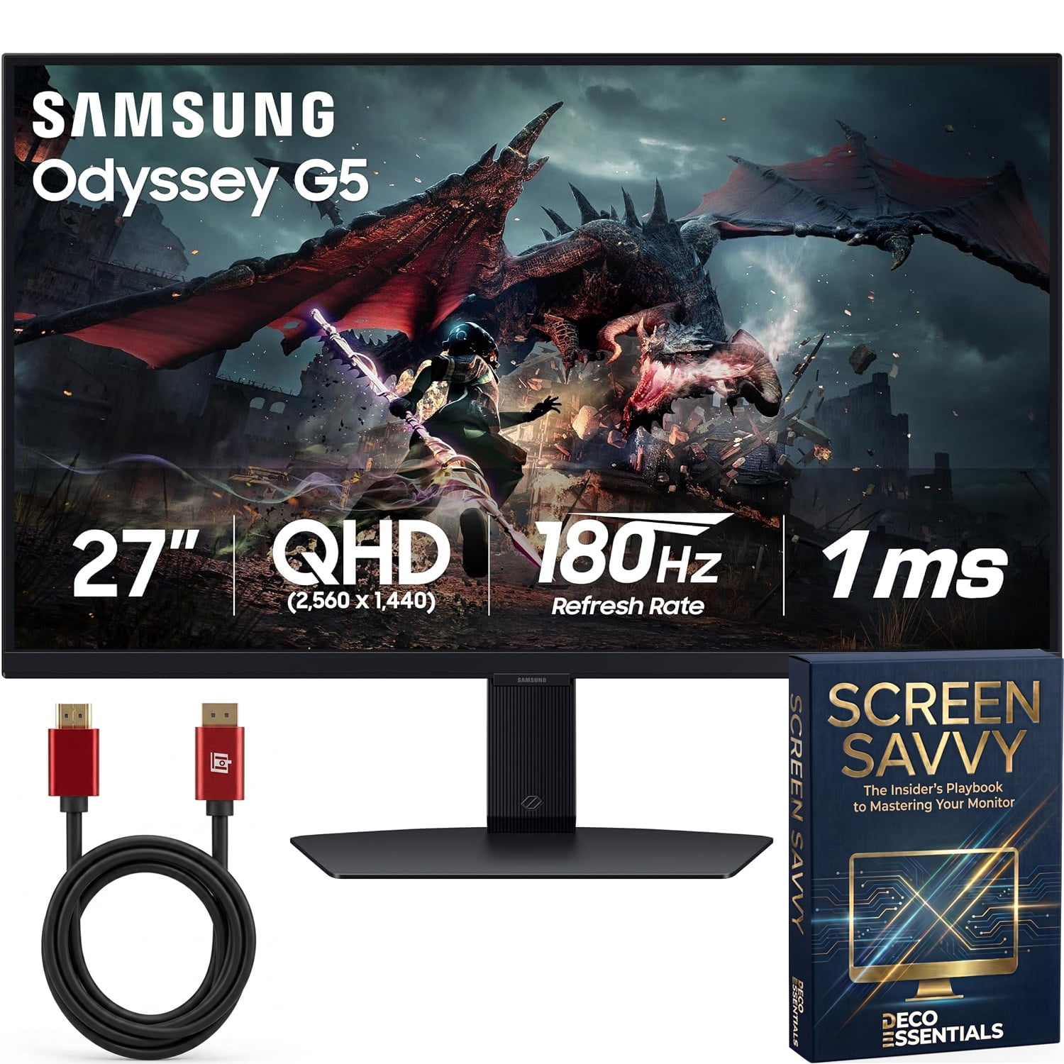 Samsung 27-Inch Odyssey G5 G50D QHD Gaming Monitor LS27DG500ENXZA, 180Hz, 1ms GtG, HDR 400, G-Sync Compatible, Height Adjustable Stand, Bundle with Deco Gear HDMI Cable & Screen Savvy Guidebook
