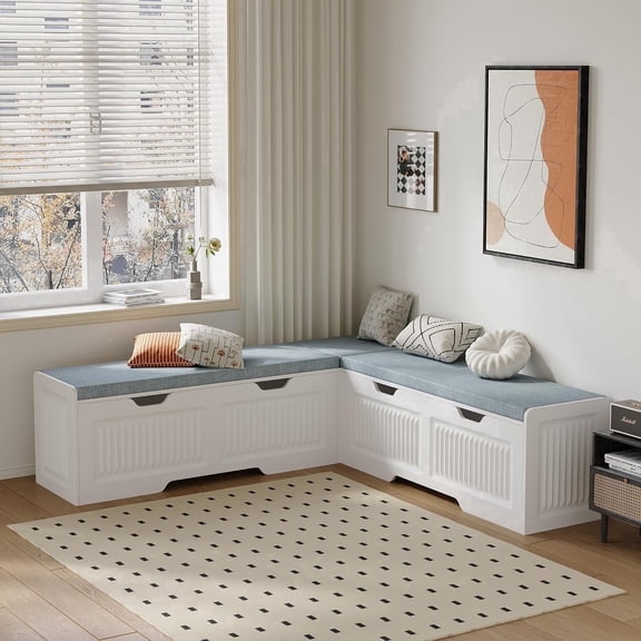 Pusnapku 63" L Shape Storage Bench, Modern Backless Wood Corner Bench with Hidden Storage, Cushion, Kitchen Breakfast Nook for Entryway, Dining Room