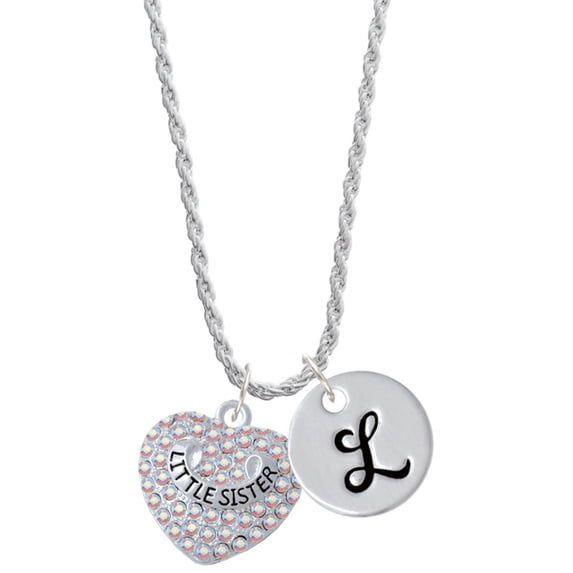 Delight Jewelry Silvertone Little Sister on AB Crystal Heart Silvertone Script Initial Disc - L - Charm Necklace, 20"+3"