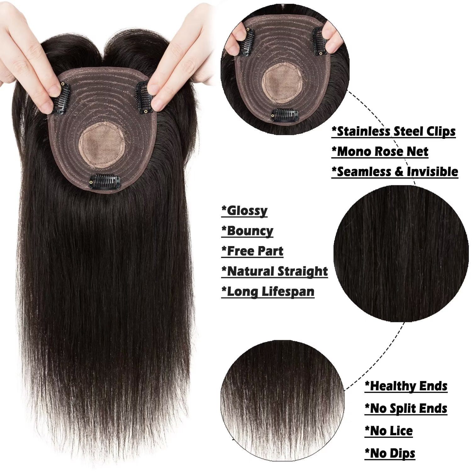 Benehair 10*12cm 100% Remy Human Hair Extensions Clip In Women's Topper Toupee Hairpiece With Bang Mono Base Wiglet Hair Loss Black US