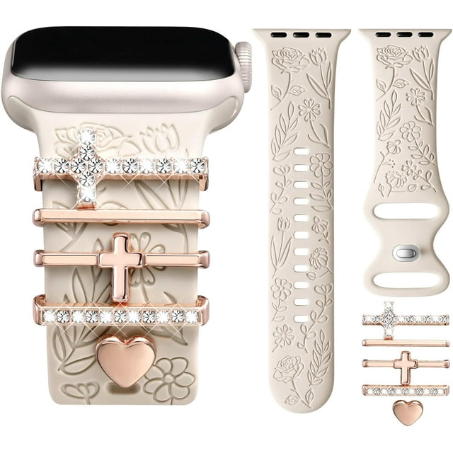 Correa con Floral Grabado Compatible con Apple Watch 40mm 44mm 42mm 38mm 41mm 45mm 46mm 49mm, Correas Silicona Suave con Adornos Decorativos para iWatch Series 11/10/9/8/7/6/5/4/3/2/1 SE Ultra