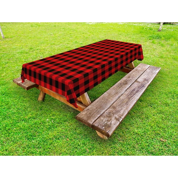 Plaid Outdoor Tablecloth, Lumberjack Fashion Buffalo Style Checks Pattern Retro Style with Grid Composition, Decorative Washable Fabric Picnic Table Cloth, 58 X 84 Inches,Scarlet Black, by Ambesonne