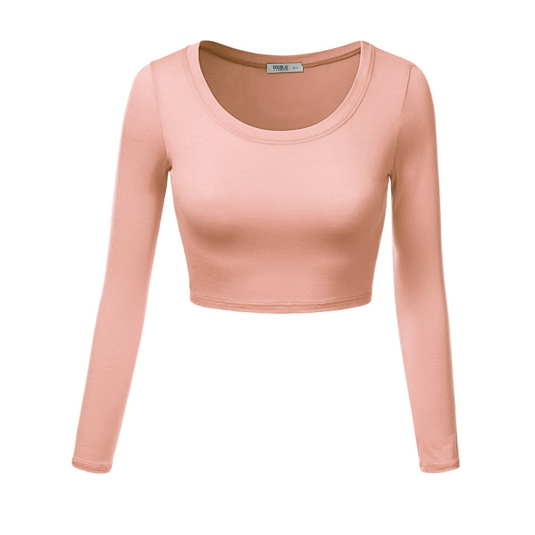 Doublju Women's Round Neck Slim Fit Long Sleeve Crop Tops (Female Plus Size  Available)