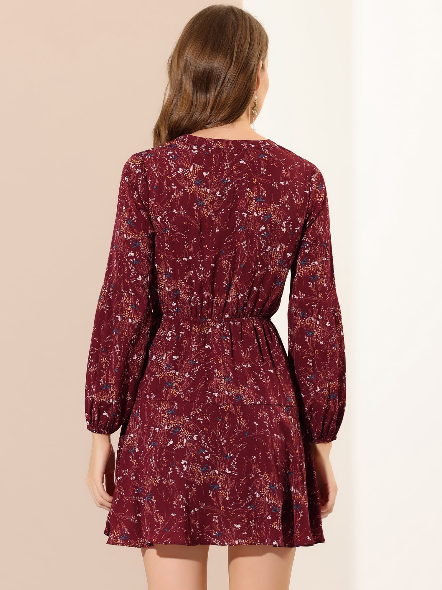 DARING DIVA V Neck Floral Print Elastic Waist Button Down Mini Dress L Burgundy