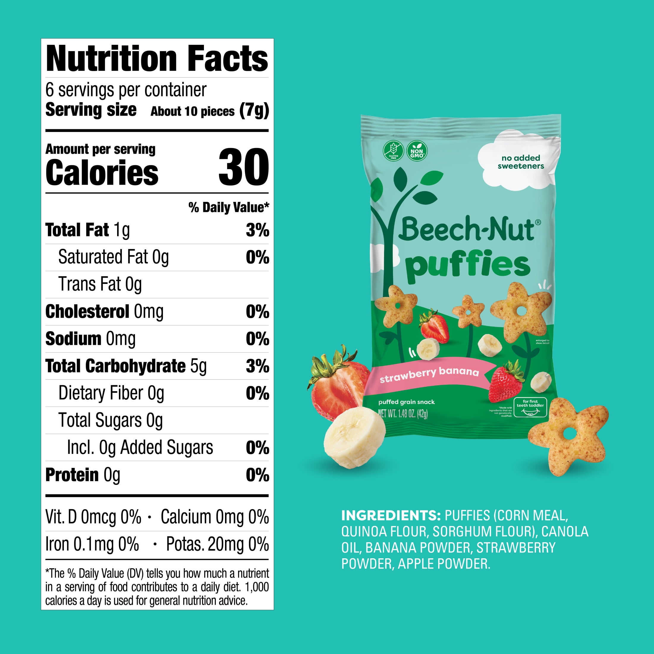 Beech-Nut Puffies Strawberry Banana Whole Grain Toddler Snack Puffs, 1.48 oz Bag (6 Pack)